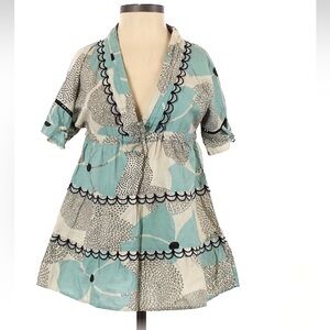 April, May 100% Cotton Baby Doll Tiered Tunic Blouse Aqua & Beige Size XS